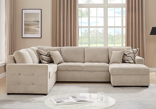 THSUPER Sectional Sleeper Sofa with Pull Out Bed and Storage Chaise, U Shape Sectional Sofa Bed, Oversized Sectional Sleeper Couch for Living Room Beige - Thumbnail 4