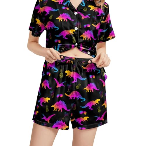 Image of Funny Pajamas for Women Set Print Satin Loungewear Pjs Short Sleeve Button Down Top and Shorts Sets Sleepwear XS-3XL