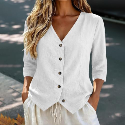 Womens 3/4 Sleeve Tops V Neck Cotton Linen Blouses Boho Tunic Tops — view 2