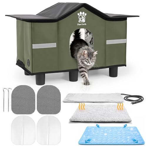 PAWAWH Insulated Heated Outdoor Cat House with Self Warming & Self Cooling Mat Waterproof Stray & Feral Shelter with Breathable Mesh Door & Elevated Plastic Base for Stray/Barn Cat | Easy Assembly