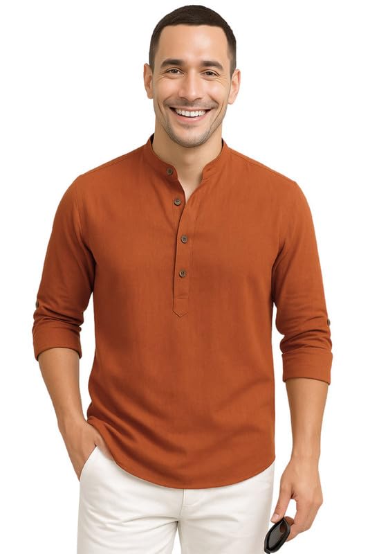 Image of DEEMOON Men's Cotton Blend Solid Regular Fit Full Sleeve Short Kurta | Men's Trendy Short Kurta