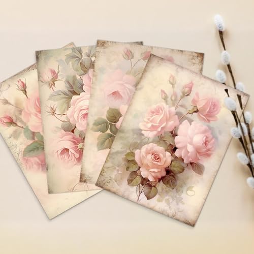 Image of laveliabel Vintage Pink Rose Wall Art Prints Set of 4 Unframed, Floral Wall Decor, Shabby Chic Pink Floral Botanical Poster Prints for Cottagecore Home Room Wall Decor 12x16 Inches