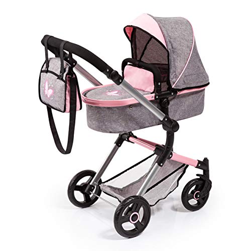 Bayer Design - Carrinho de bonecas Neo Vario Combolso trocador, reversível, dobrável, cor jeans cinzentos, rosa, borboleta (18433Aa)