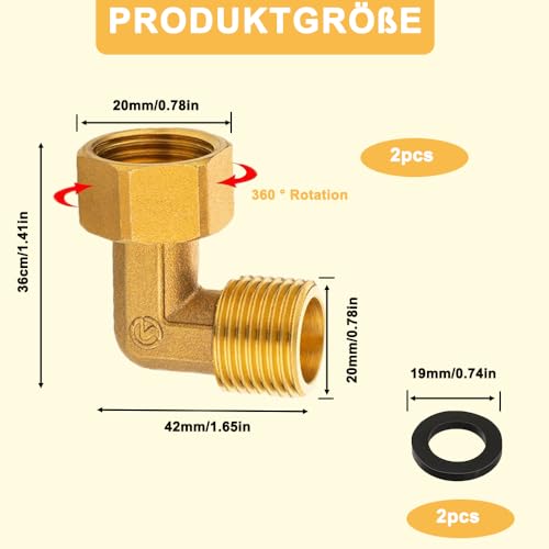 QUNXON 2 Stück Messing Beweglich Verschraubung, 1/2 Zoll Messsing Winkel 90 Grad Mit Silikonring, DN15 90° WinkelverSmstrung, 1/2 IG/AG Versschmaubung Aus Messing für Wasserversorgung, Bodenheizung