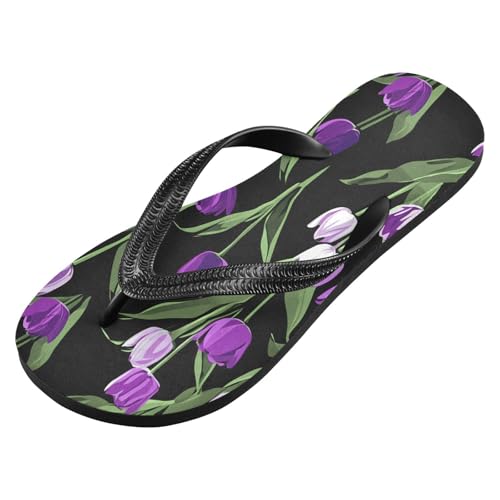 Sinestour Purple Flower Black Flip Flops for Beach Thong Sandals Anti-slip Lightweight Flat Slippers for Summer Travel Swim2