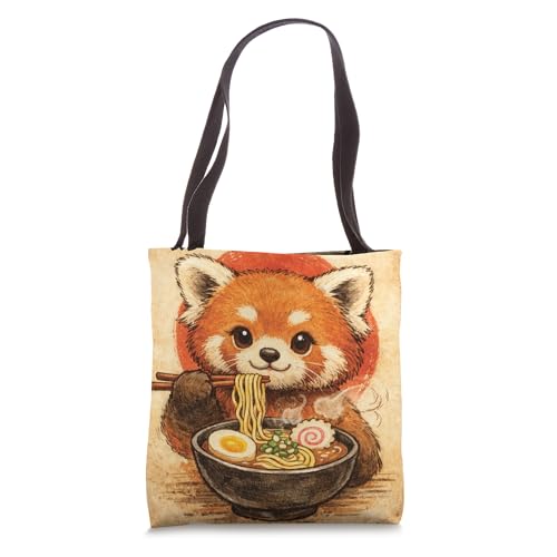 Bolso tote kawaii con diseño de panda rojo comiendo fideos ramen japoneses miniatura 1