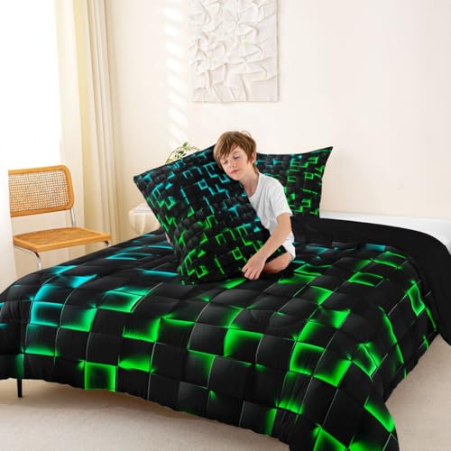 Image of Erosebridal Geometric Checkered Boys Bedding Set King Size Neon Teal Green Comforter Set for Kids Teen Men Gamer Room Decor,Abstract Ombre Plaid Comforter Grids Quilt Duvet Black