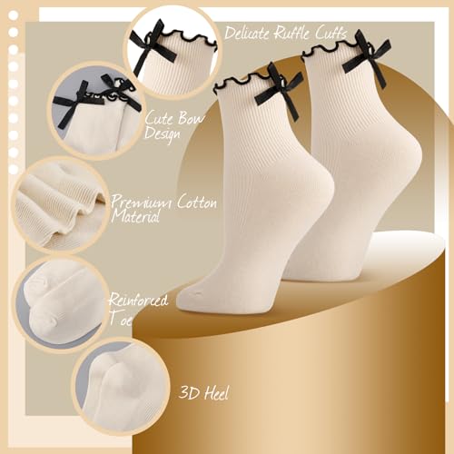 6 Pairs Womens Bow Socks Ruffle Casual Crew Socks Cute Black White Soft Breathable Cotton Frilly Ankle Socks3