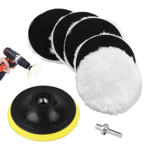 5 Pcs 4-Inch Wool Polishing Pads with M10 Drill Adapter & Back Pad for Car Buffing and Furniture Waxing