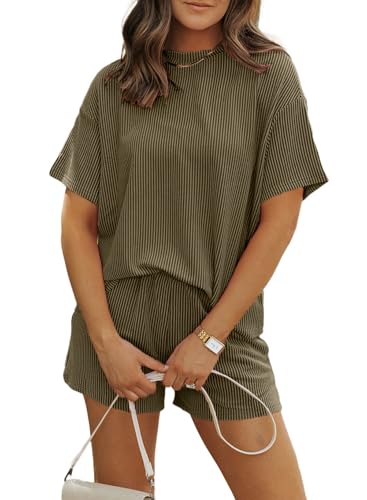 Image of MARZXIN Women 2 Piece Shorts Set 2026 Casual Summer Cruise Outfits Ribbed Loose Short Sleeve Pocket Matching Lounge Sets