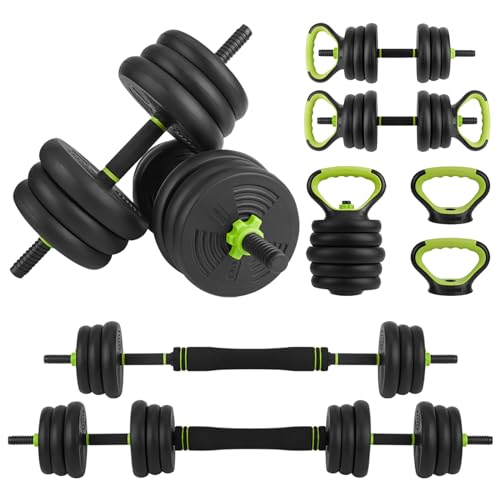 Adjustable Dumbbell Set, 4 in 1 Adjustable Kettlebell Set,44lbs/66lbs/88lbs Weight Set Used as Kettlebells, Barbell, Push up Stand for Home Gym,Green and Black,Round Head
