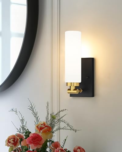 Image of Emak Bathroom Sconces Set of 2, Black and Gold Wall Sconce with Milk Glass Shade, Modern Farmhouse Bathroom Light Fixtures for Living Room, Bedroom, Gallery, WS086-BKBGD-ML-2PK