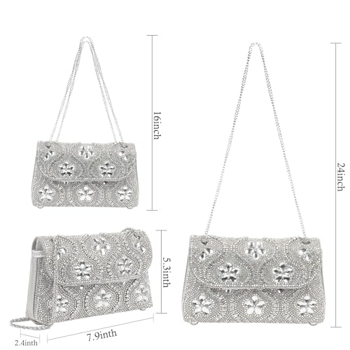 Image of Flower Rhinestone Crystal Clutch Purse Shoulder Bag Sparkling Evening Bag for Wedding Prom Party Bride Guest