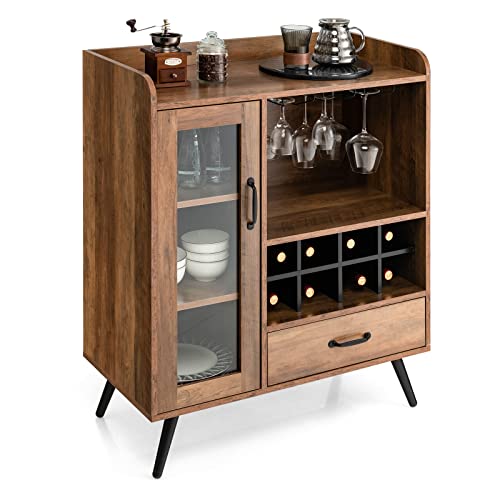 COSTWAY Buffet Cuisine à Porte Vitrée avec Tiroir 5 Compartiments, Meuble de Rangement avec Porte-Verre Porte-Bouteilles, 80x40x95cm, pour Salon, Salle à Manger, Cuisine