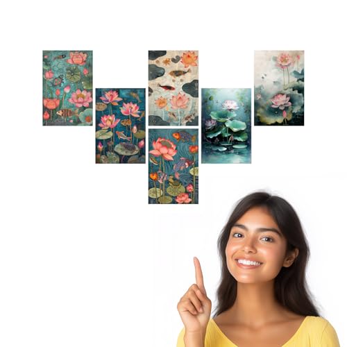Image of SiddArtify Lotus Pond Wall Art Poster Print Set - Botanical Fish Turtle Decor for Living Room Bedroom Office - Set of 2-4x6 Inch - Board (Pack of 6) - Sticker (Pack of 6)