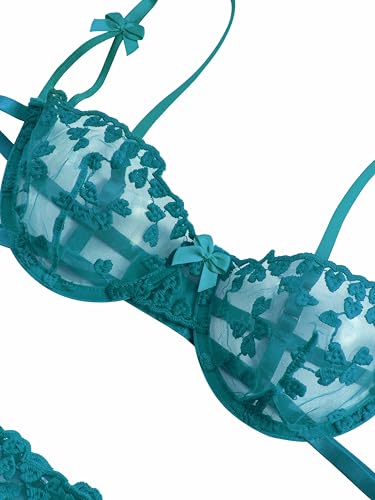 Image of Lilosy Sexy Tie Side Cute Underwire Push Up Strappy Embroidered Mesh Sheer Lingerie Set