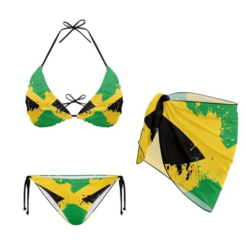 YEXIATODO Fashion Jamaica Swimsuits for Women with Cover Up V Cut Girls Bikini Swimsuit Triangle Mom Swim Suits Sarong Cover Up Sheer Coverup Halter Bathing Suit Beach Cover Up,M