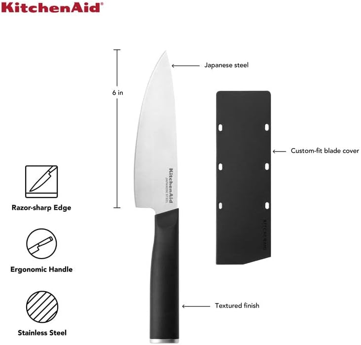 Miniatura 5 de KitchenAid Cuchillo de chef clásico con cubierta de hoja a medida, 6 pulgadas, cuchillo de cocina afilado, hoja de acero inoxidable japonés de alto