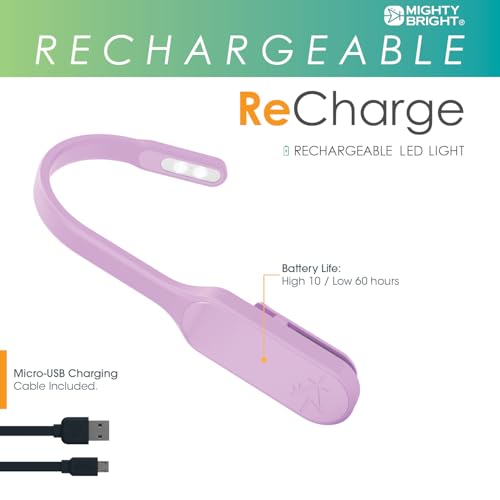 Image of Mighty Bright The Original Recharge Clip On - USB Rechargeable Book Light - Warm LED Reading Lamp - Flexible, Dimmable, Lasts Up to 60 Hours a Charge (Lavender)
