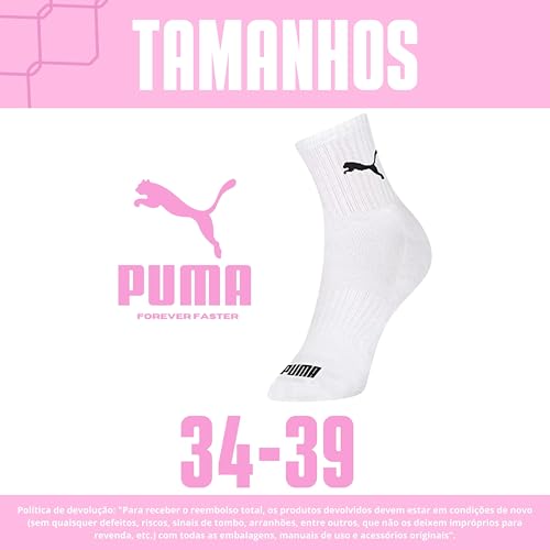 PUMA Kit 9 Pares Meia Feminina Sola Atoalhada Esportiva Cano Médio Adulto, 9 Branco, 34-39