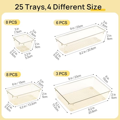 Image of Vtopmart 25 PCS Clear Plastic Drawer Organizers Set, 4-Size Versatile Bathroom and Vanity Drawer Organizer Trays, Storage Bins for Makeup, Bedroom, Kitchen Gadgets Utensils and Office