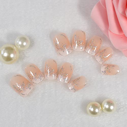 Medium Short Bling Butterfly Glitter Pink Nude White French False Nails Squoval Square Press On Nails Finger Wear Daily Nail Art Tips #TOP4