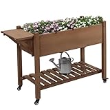 Outsunny Raised Garden Bed with 8 Grow Grids, Wooden Outdoor Plant Box Stand with Folding Side Table and Wheels, 49" x 21" x 34", for Vegetables, Flowers, Herbs, Brown
