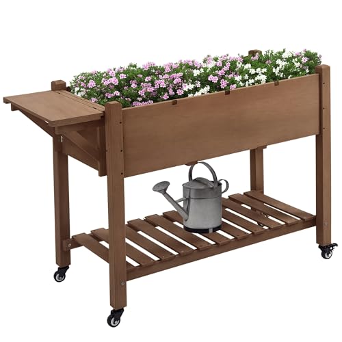 Outsunny Raised Garden Bed with 8 Grow Grids, Wooden Outdoor Plant Box Stand with Folding Side Table and Wheels, 49