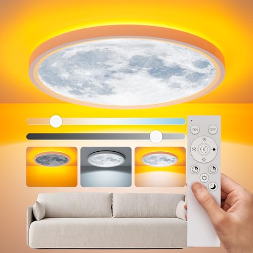 Aphyni Lampe de Plafond LED Moonlight Ø40cm, 33W Dimmer Lampe de Plafond avec Veilleuse, 3000-6500K 3800LM IP44 Étanche Plafonnier avec Minuterie et Fonction...