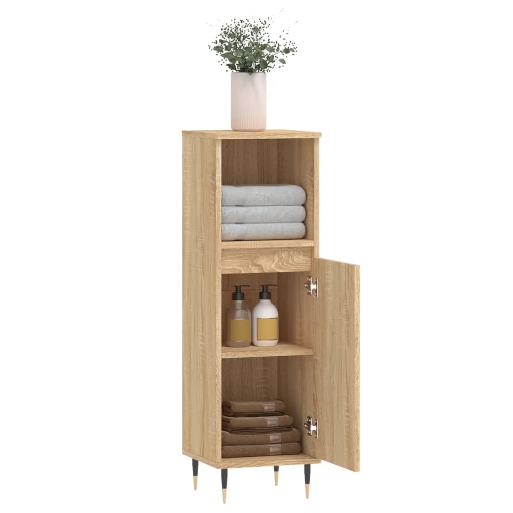 Mobiletto Porta Asciugamani Da Bagno Rovere Sonoma, Legno Multistrato, 25x26,5x170 Cm, Con Antiribaltamento - 6