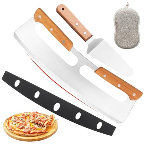 Pizza Cutter Rocker, 14" Pizza Cutter, Stainless Steel Pizza Slicer with Protective Cover and Wood Handles + Cake Server Shovel, Pizza Oven Accessories, Suitable for Cutting Homemade Pizza Bread Cake