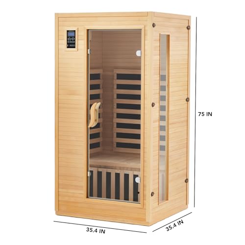 1 Person Sauna, Low EMF 6 Heating Plate Infrared Physical Therapy Wooden Dry Steam Sauna with MP3 Auxiliary Connection, Dual Controls, Iron Shirt Wall Plate, Home Spa Day Use, Winter Gift