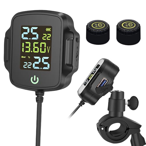 TPMS Système de Surveillance de la Pression des Pneus de Moto,Surveillance de la Température et de la Tension, avec 2 Capteurs Externes Écran LCD numérique, Prend en Charge la sortie USB, Charge Rapid