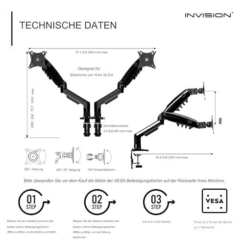 Invision Monitor Halterung für 19-32 Zoll Bildschirme - VESA 75 & 100 mm - Schreibtischklemme Ständer - Höhenverstellbar Neigungen… – Ansicht 6