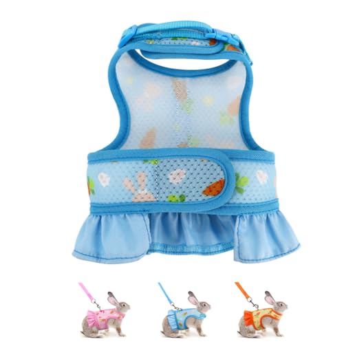 Image of Rabbit Leash and Harness Set,Proof Walking Escape Cute Floral Mesh Vest Breathable Rabbit Clothes for Bunnies, Hiking, Training for Ferret Kitten Puppy Small Pet Harness Blue S
