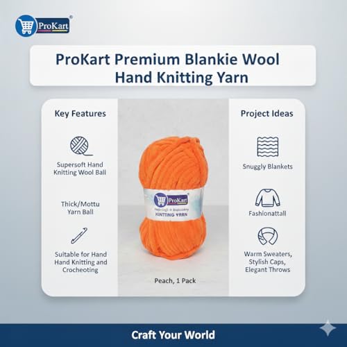 Image of ProKart Premium Blankie Wool, Plush & Cuddly, Chenille Yarn Supersoft Hand Knitting Wool Ball | Blanket Thick /Mottu Yarn Ball Suitable for Hand Knitting and Crocheting (Peach, 100gms x 4 Pack)