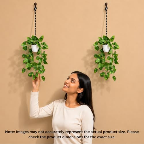 Image of fancymart Artificial Hanging Ivy Plant with White Hanging Pot & Rope, Pack of 2, Realistic Green Leaf Creeper for Home, Office, Living Room & Wall Decor, 60 cm Height