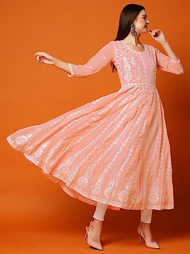 Image of ANNI Designer Women's Georgette Regular Fit Chikankari Embroidered Anarkali Kurti