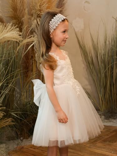 Lace Applique Flower Girl Dress for Wedding Tulle Bow Knot Ball Gowns Sleeveless V-Back Princess Birthday Short Dress4
