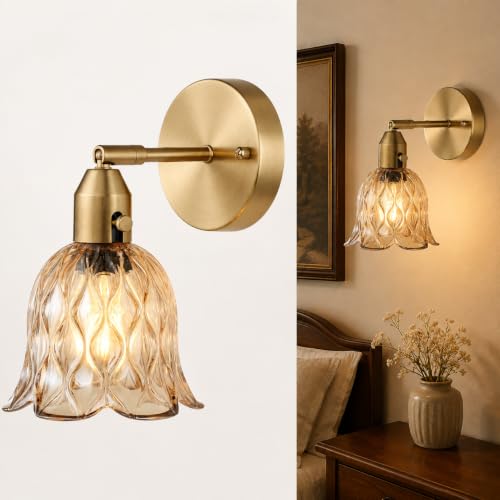 Image of Vintage Gold Wall Sconces - Hardwired Wall Mounted Light Fixtures with Clear Green Tulip Glass Lampshade, 2 Usage Methods Wall Light fixtures for Bedside Bedroom Living Room Wall Decor