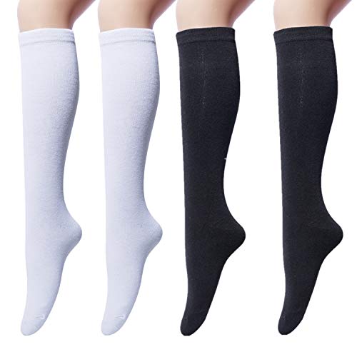 Senker 4 Pairs Women's Cotton Knee High Socks, Casual Solid Knit Knee Socks,White & Black