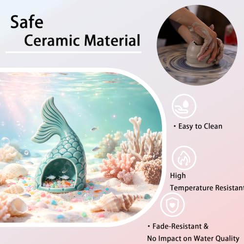 Image of Blue Aquarium Decor Ceramic Mermaid Tail Betta Fish Tank Cave