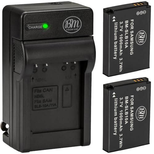 BM Premium Pack of 2 SLB-10A Batteries and Battery Charger for Samsung EX2F HZ15W SL202 SL420 SL620 SL820 WB150F WB250F WB350F WB750 WB800F WB850F WB1100F Digital Cameras