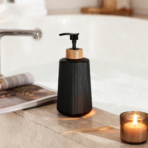 Image of Glass Soap Dispenser, Thickened Glass Hand Soap Dispenser for Bathroom, Kitchen Dish Washing Liquid Bottles, Shampoo and Conditioner Bottles, Modern Farmhouse Style (Black, Set of 2, 12oz)
