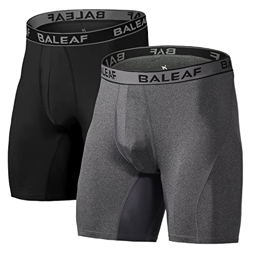 BALEAF Men's Performance Boxer Briefs 9" Athletic Underwear Long Leg Cool Dry with Fly 2-Pack Black/Carbon Heather Size XL(2-Pack)