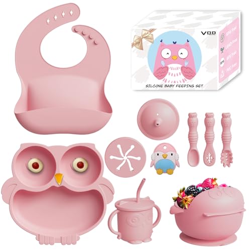 Image of Baby Led Weaning Supplies, 10 Pack Silicone Baby Feeding Set - Baby Bowls and Plates with Suction, Toddler Spoons and Fork, Toddler Cups with Replaceable Lids (Pink)