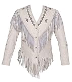 100% Native American Western Women's Suede Leather white Jacket with Fringe (as1, alpha, x_l, regula