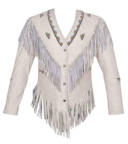 100% Native American Western Women's Suede Leather White Jacket With Fringe (As1, Alpha, X_L, Regular, Regular, Xl) #TOP29