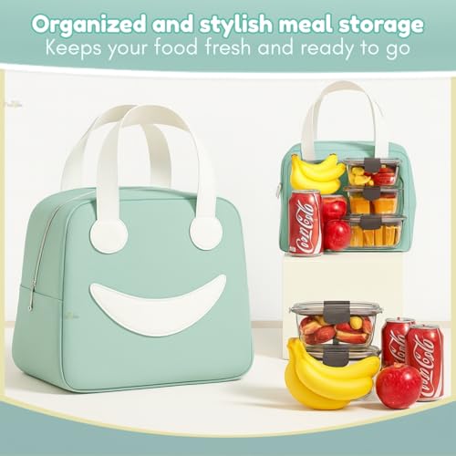 Image of Toy Imagine 6.5L Insulated Lunch Bag for Kids Office School Men Women Smiley Face Tiffin Bag Snack Tote Bag Compact Portable Leak Proof Tiffin Pouch Hot and Cold Lunch Box Bag for Boys & Girls(Green)