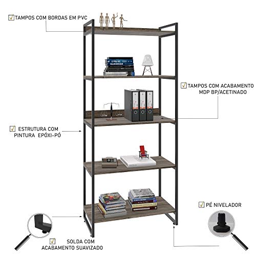 Estante Multiuso 5 Prateleiras 187x80cm Estilo Industrial, Compace, Kuadra, Carvalho Dark/Est.Preta